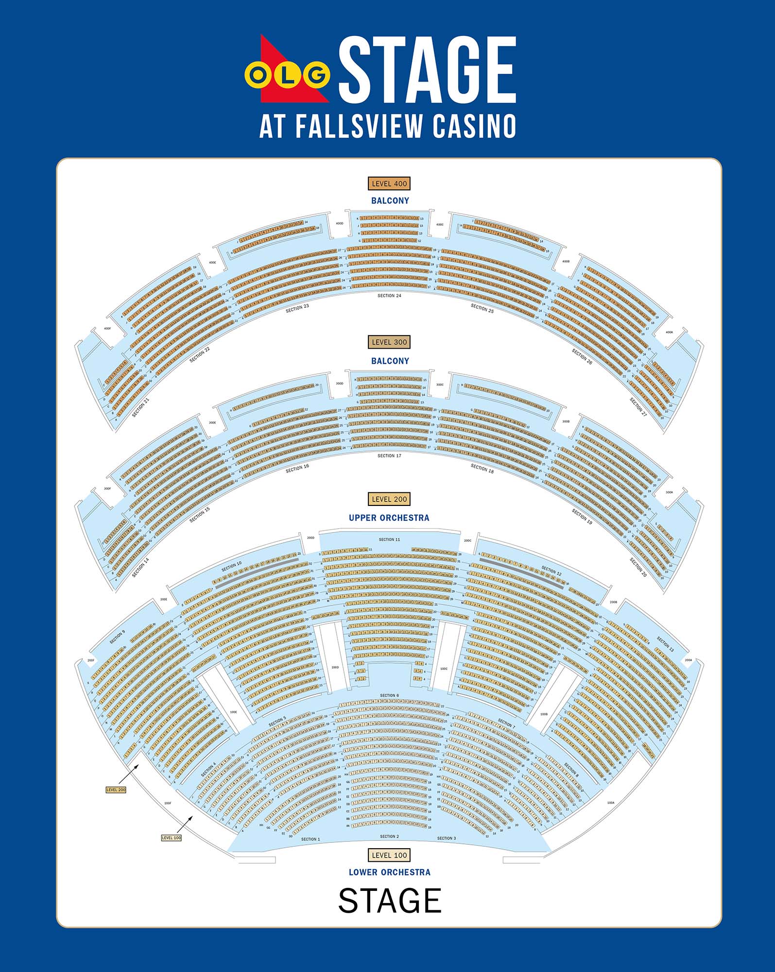 seating chart of OLG Stage at Fallsview Casino theatre